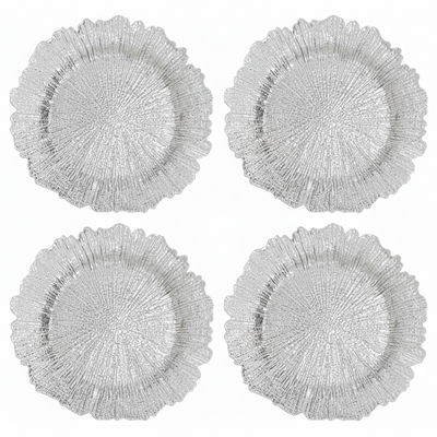 Set of Four 33cm Dia Silver Finish Reef Charger Plates