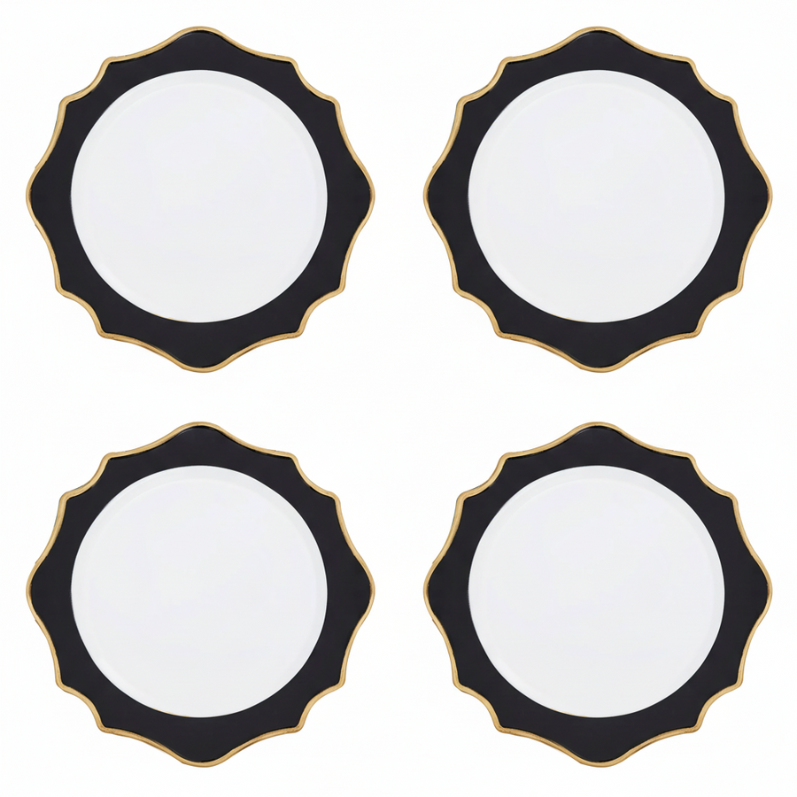 Set of 4 33cm Dia White and Black Round Charger Plates
