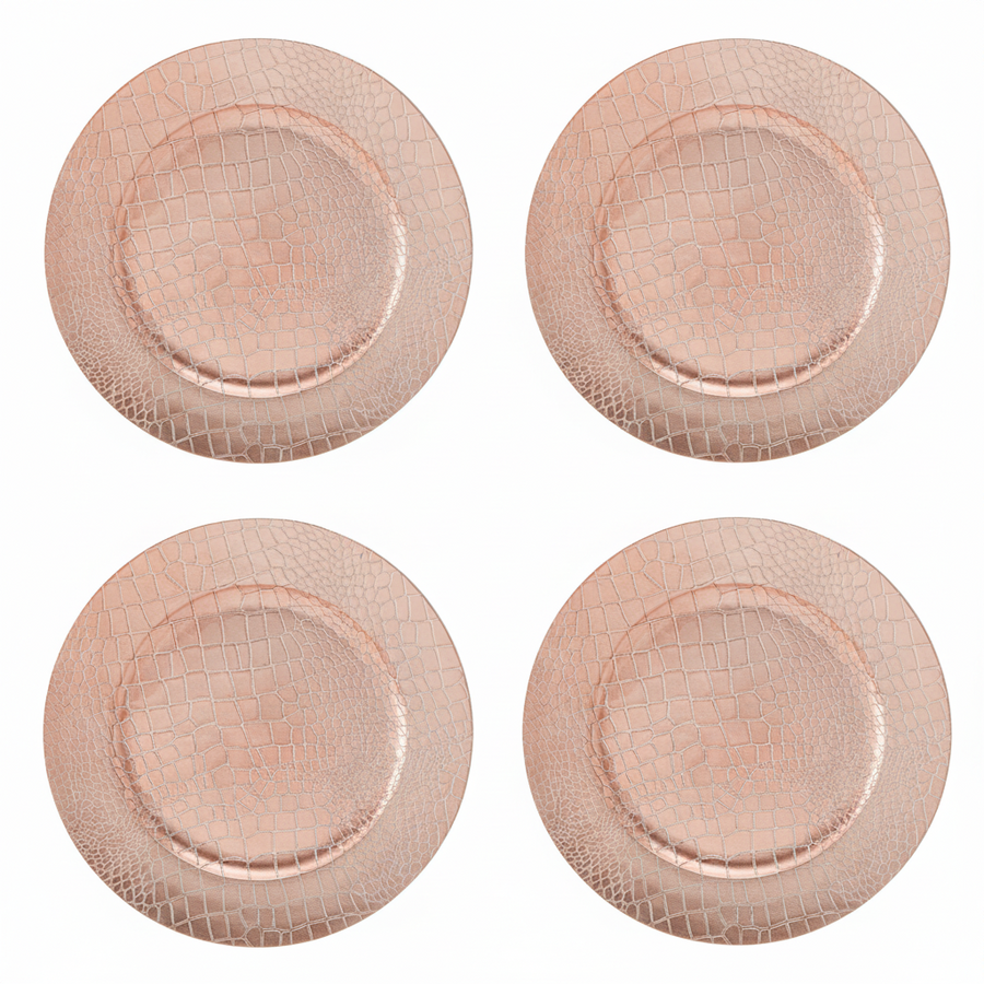 Set of Four 33cm Dia Rose Gold Crocodile Effect Charger Plates