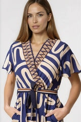Navy Abstract Print Wrap Midi Dress