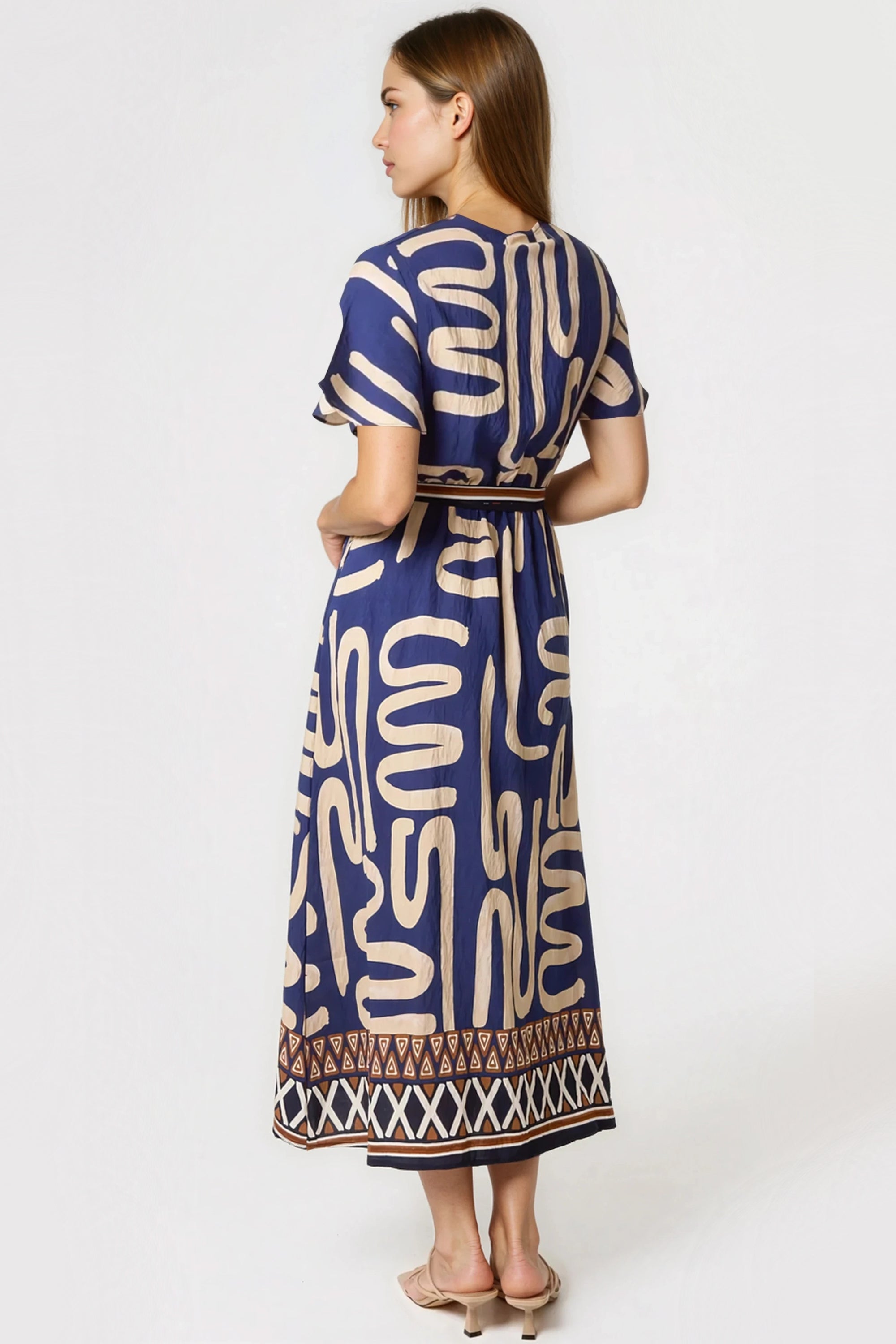 Navy Abstract Print Wrap Midi Dress