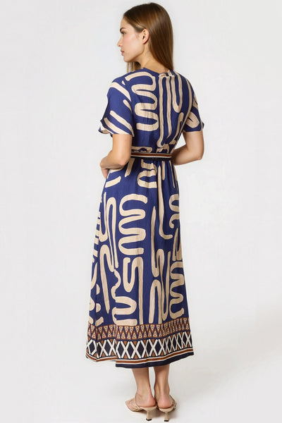 Navy Abstract Print Wrap Midi Dress