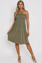 Khaki Shirred Bandeau Mini Dress