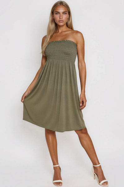 Khaki Shirred Bandeau Mini Dress