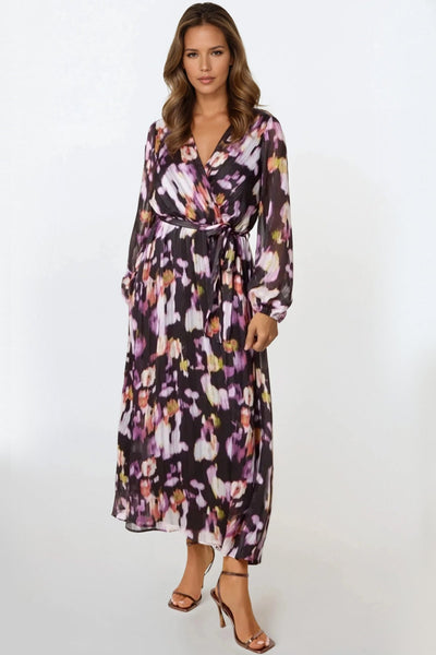Black Abstract Print Wrap Midi Dress
