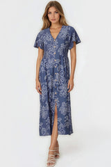 Denim Blue Floral Midi Dress