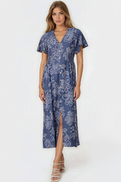 Denim Blue Floral Midi Dress