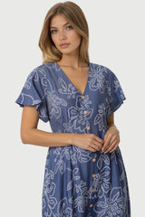 Denim Blue Floral Midi Dress