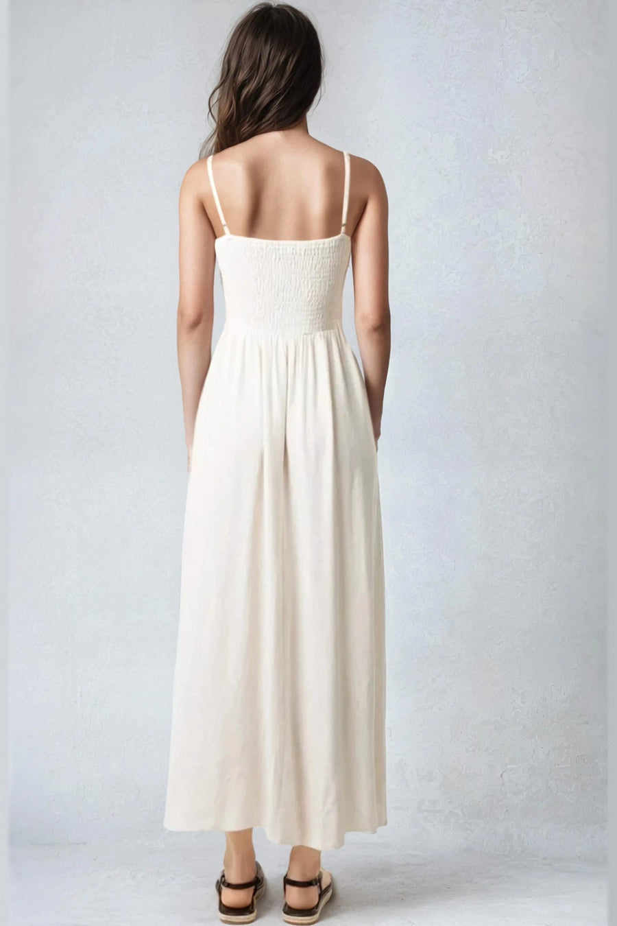 Ivory Embroidered Shirred Cami Maxi Dress