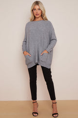 Silver Grey Round Neck Jumper with Pockets