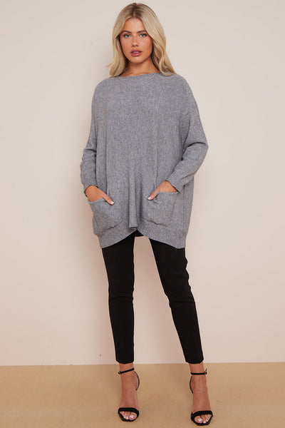 Silver Grey Round Neck Jumper with Pockets