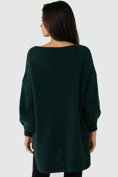 Green Oversized V-Neck Chunky Knit Jumper
