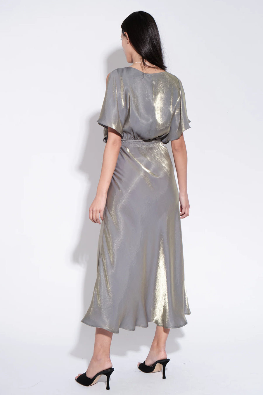 Basford Iridescent Cape Sleeve Midi Dress in Green