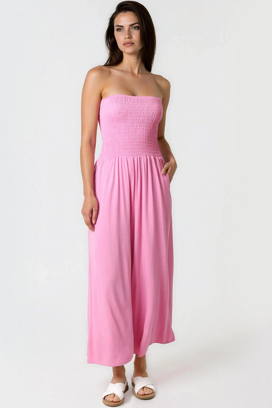 Pink Bandeau Shirred Jumpsuit