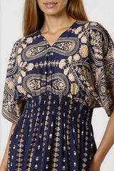 Navy Shirred Kimono Maxi Dress