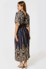 Navy Shirred Kimono Maxi Dress