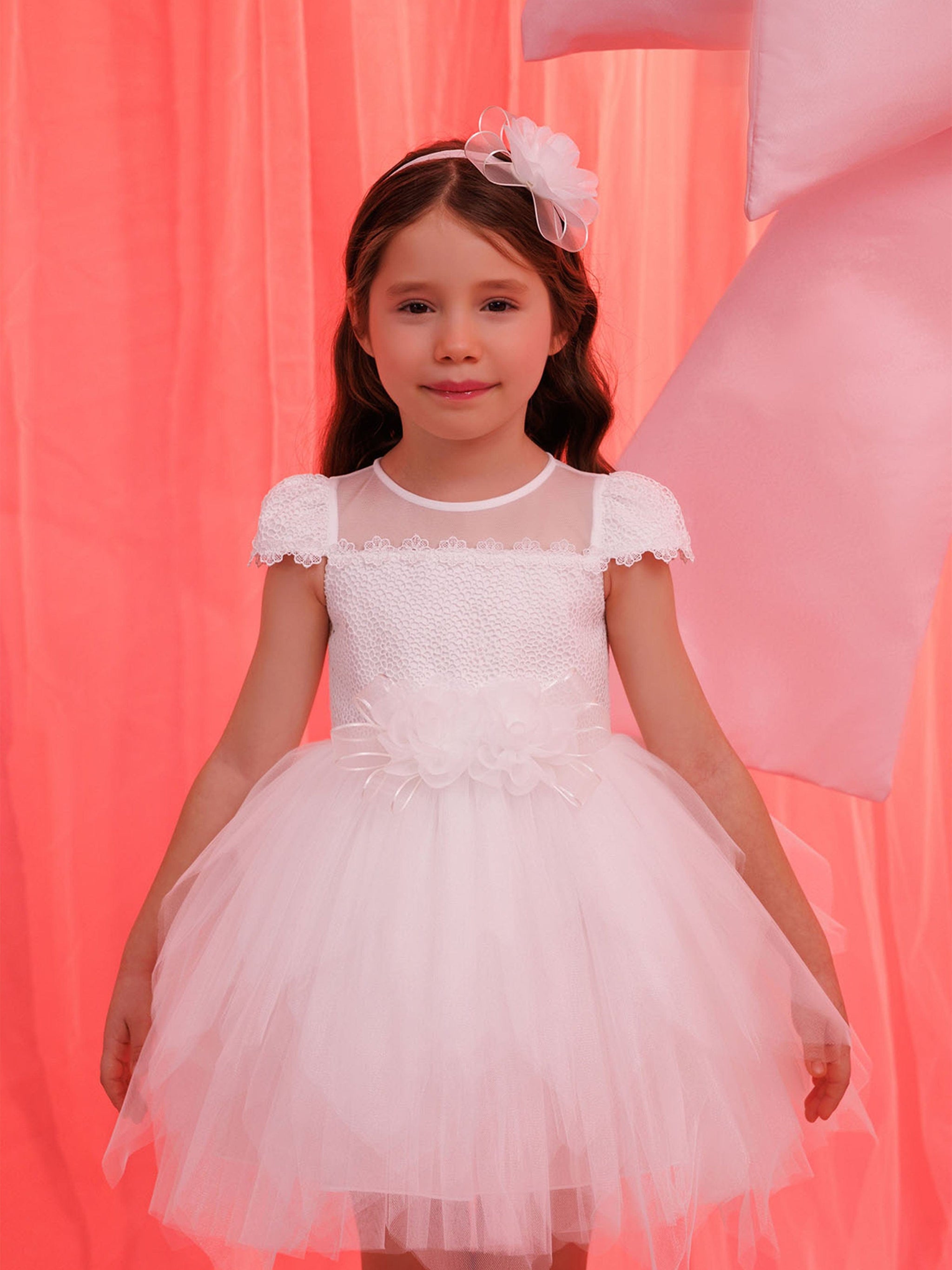 Dress & Fleur Baby Girls Dress with Tulle Skirt in White