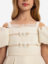 Dress & Fleur Girls Puff Sleeve Dress with Bag in Beige