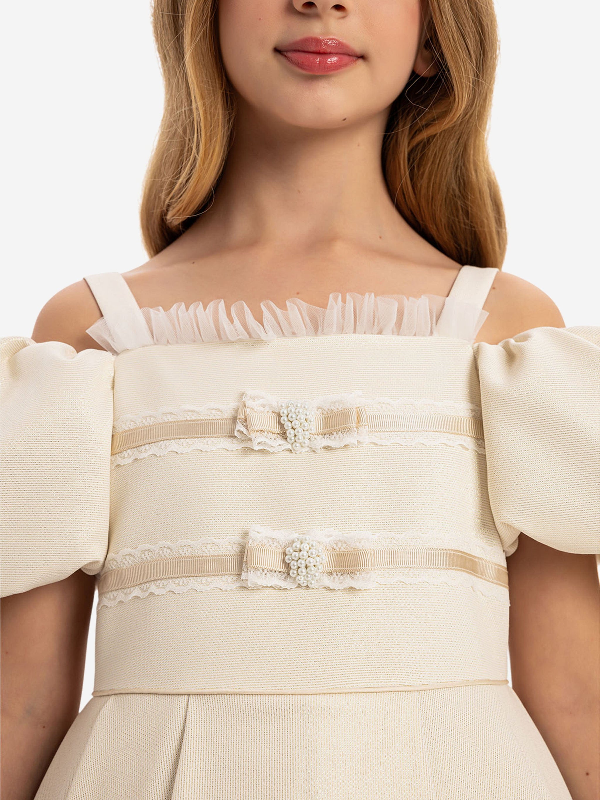 Dress & Fleur Girls Puff Sleeve Dress with Bag in Beige