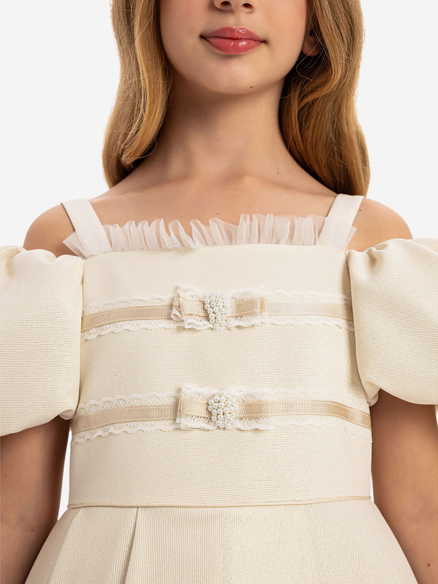 Dress & Fleur Girls Puff Sleeve Dress with Bag in Beige
