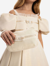 Dress & Fleur Girls Puff Sleeve Dress with Bag in Beige
