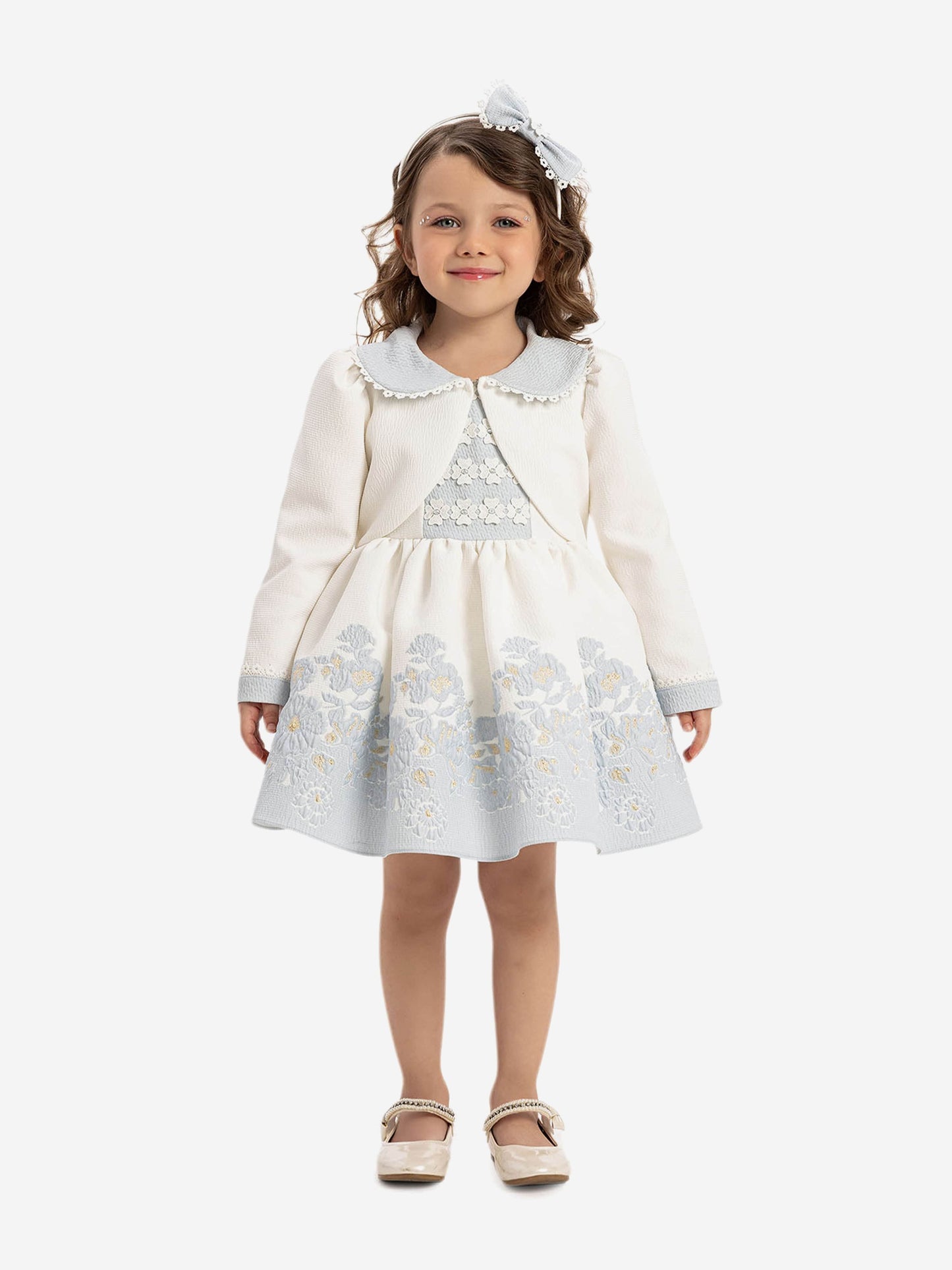 Dress & Fleur Baby Girls Dress with Bolero and Headband in Blue