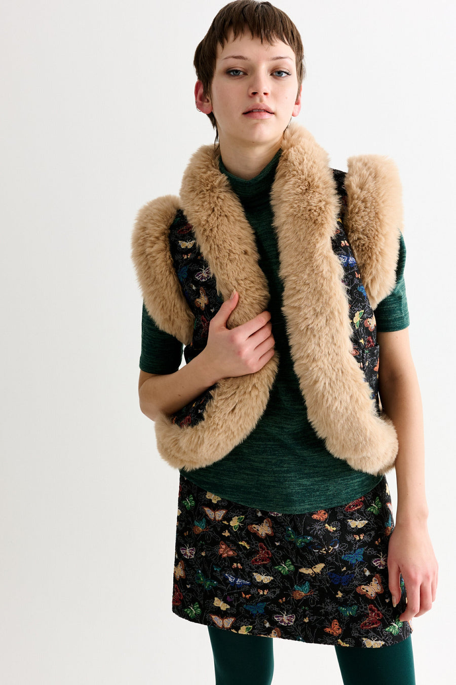 Dominica Butterfly Ball Jacquard Faux Fur Trimmed Waistcoat – Multicoloured