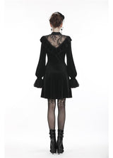 Dark In Love Avina Black Velvet Dress - Gothic Lace Neckline Long Sleeve Dress