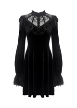 Dark In Love Avina Black Velvet Dress - Gothic Lace Neckline Long Sleeve Dress