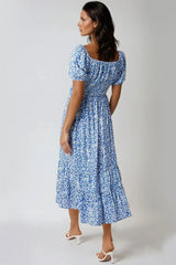 Blue Animal Print Shirred Midi Dress