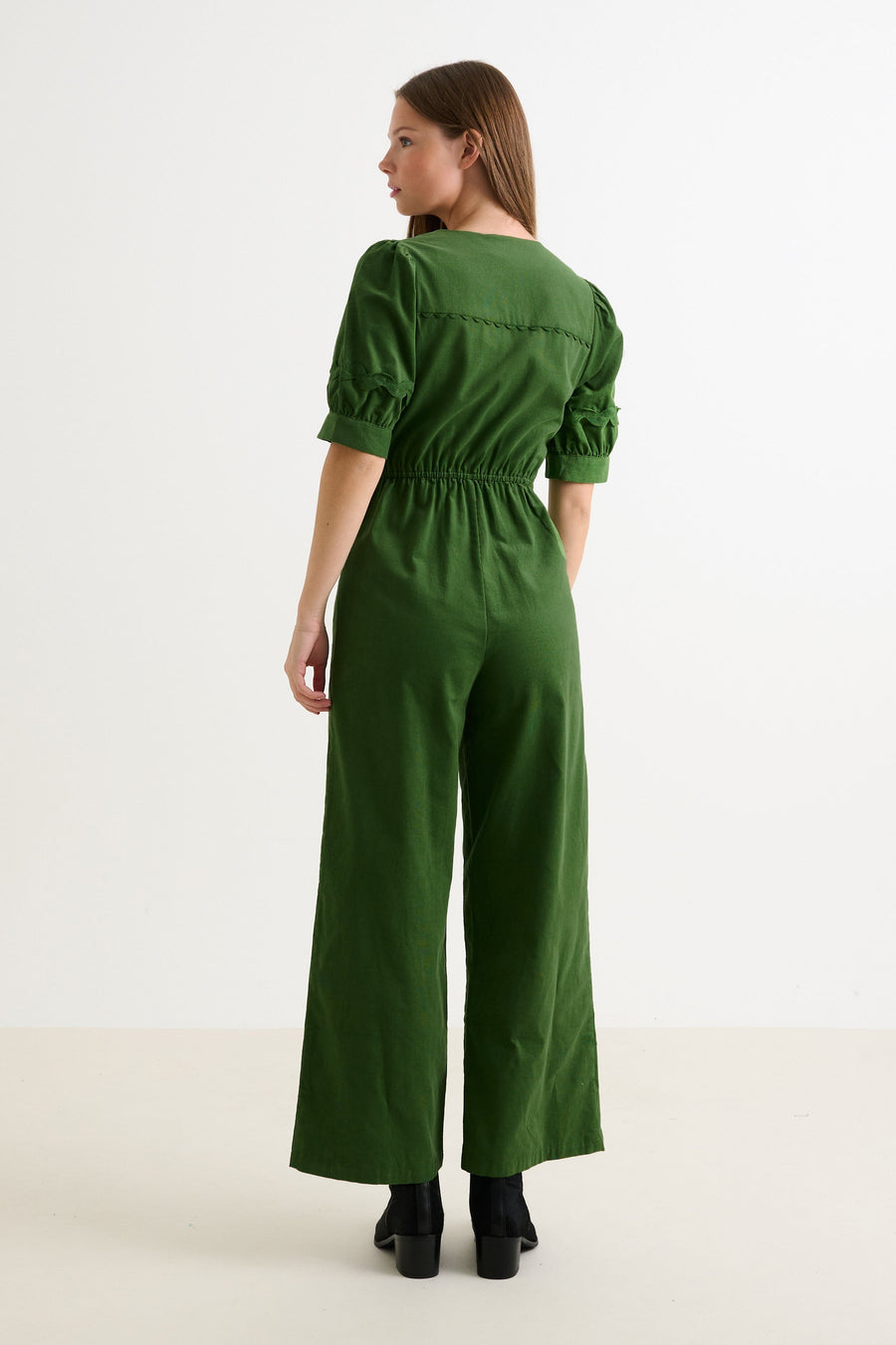 Finlay Babycord V Neck Ric Rac Trim Jumpsuit - Olive Green