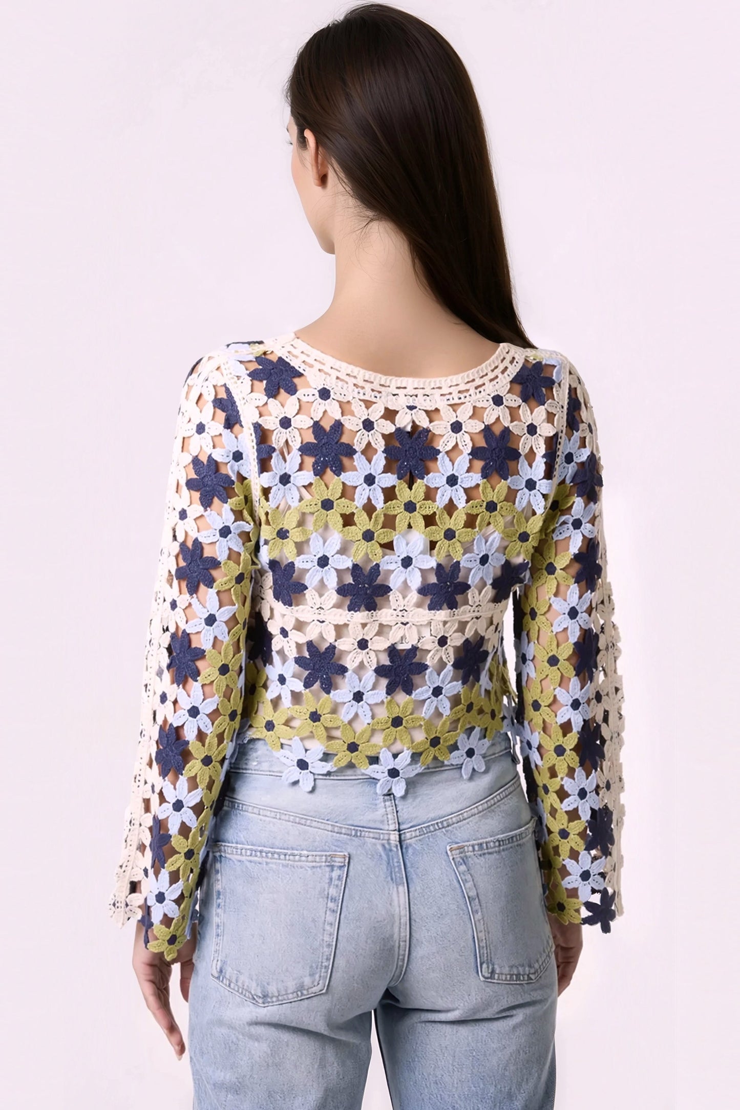 Navy Khaki Floral Crochet Cropped Jumper