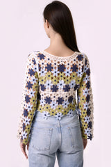 Navy Khaki Floral Crochet Cropped Jumper
