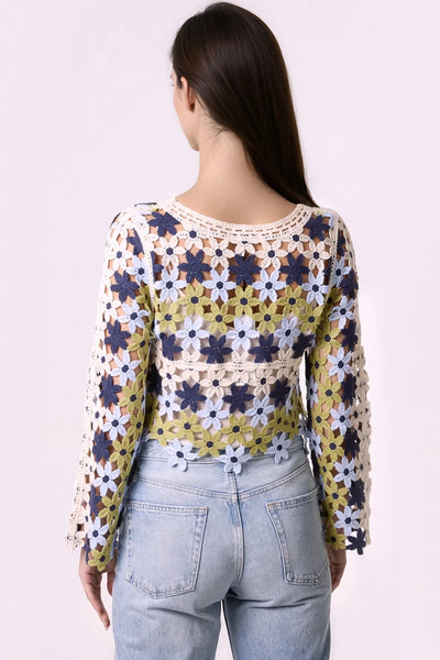 Navy Khaki Floral Crochet Cropped Jumper
