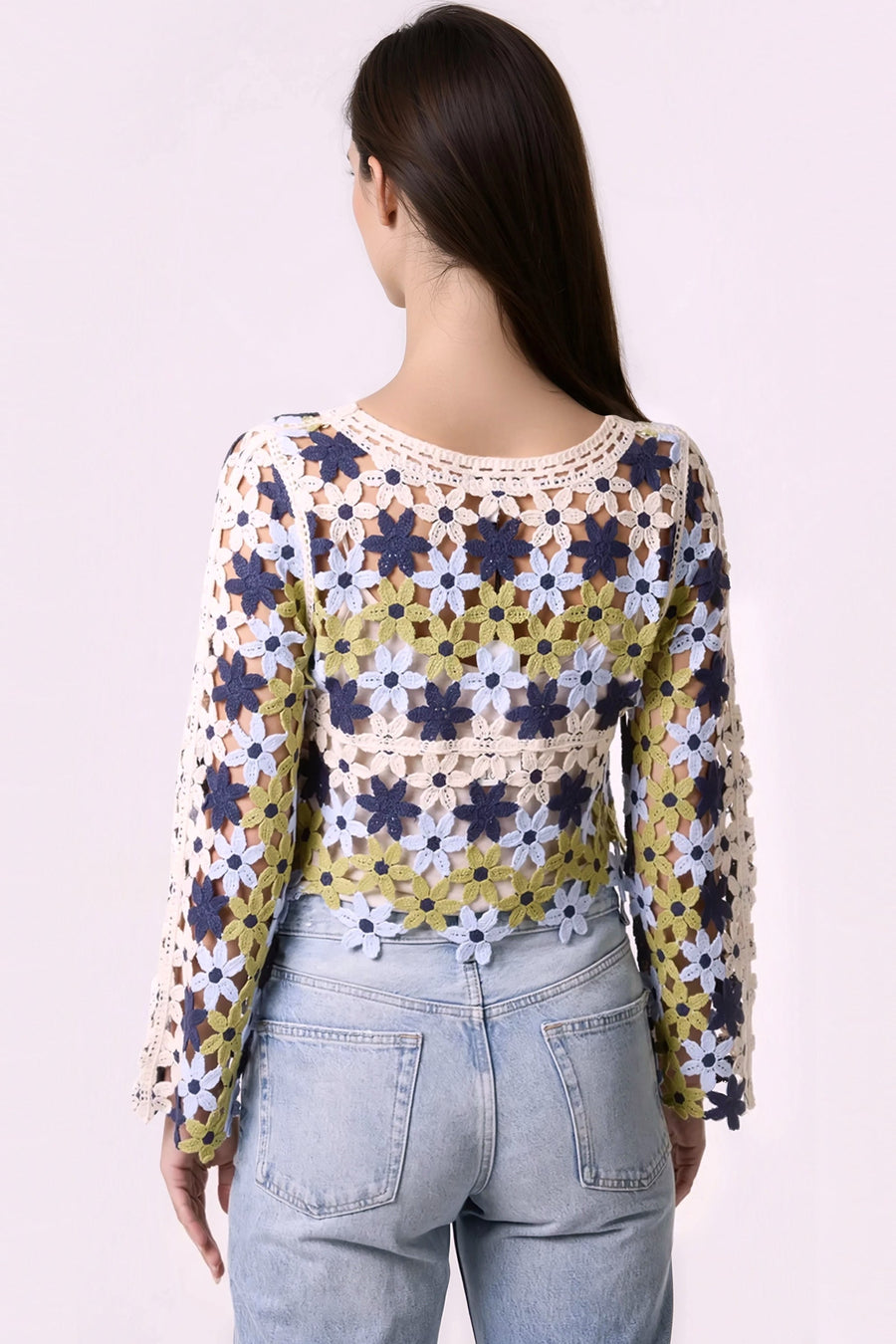 Navy Khaki Floral Crochet Cropped Jumper