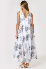 White and Navy Floral Embroidered Cotton Maxi Dress