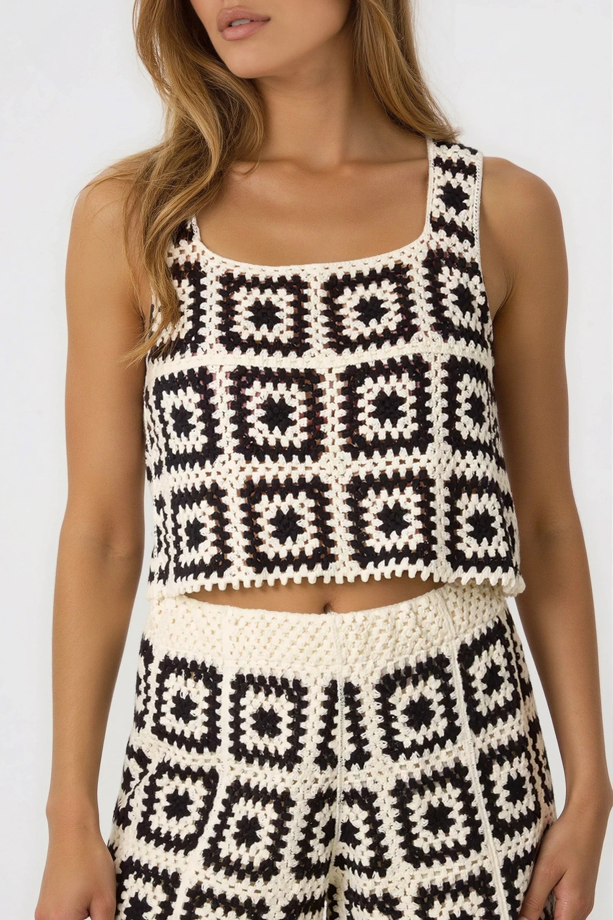 Black and Cream Crochet Top and Shorts Set