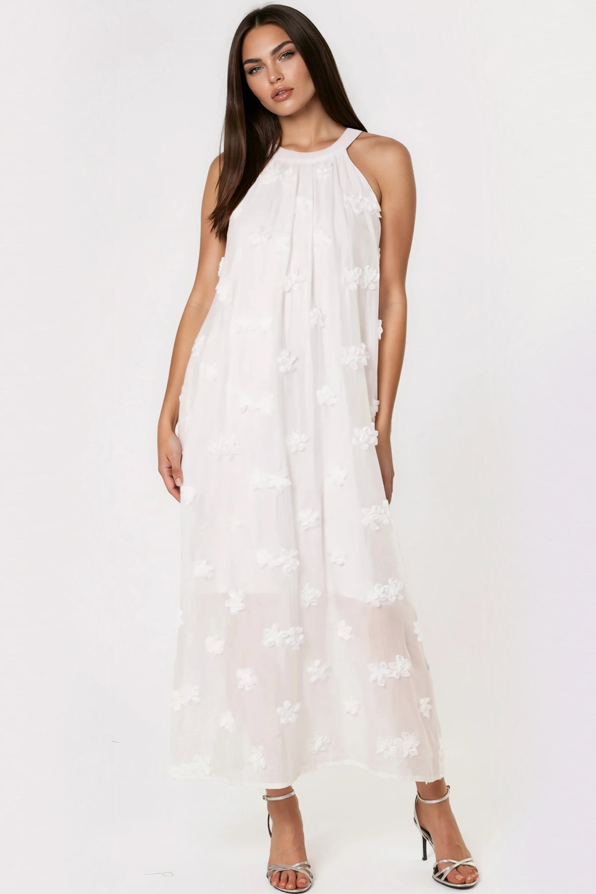 White Halterneck Flower Cotton Dress
