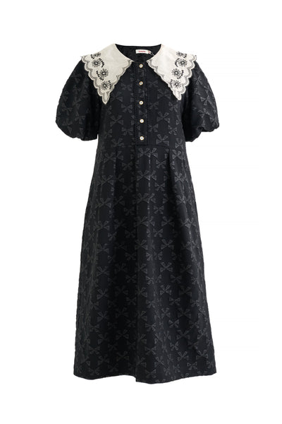 Iris Bow Black Jacquard White Embroidered Collar Midi Dress