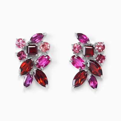 Large Red Gemstone Cluster Earrings in Sterling Silver