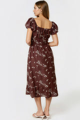 Brown Embroidered Milkmaid Midi Dress