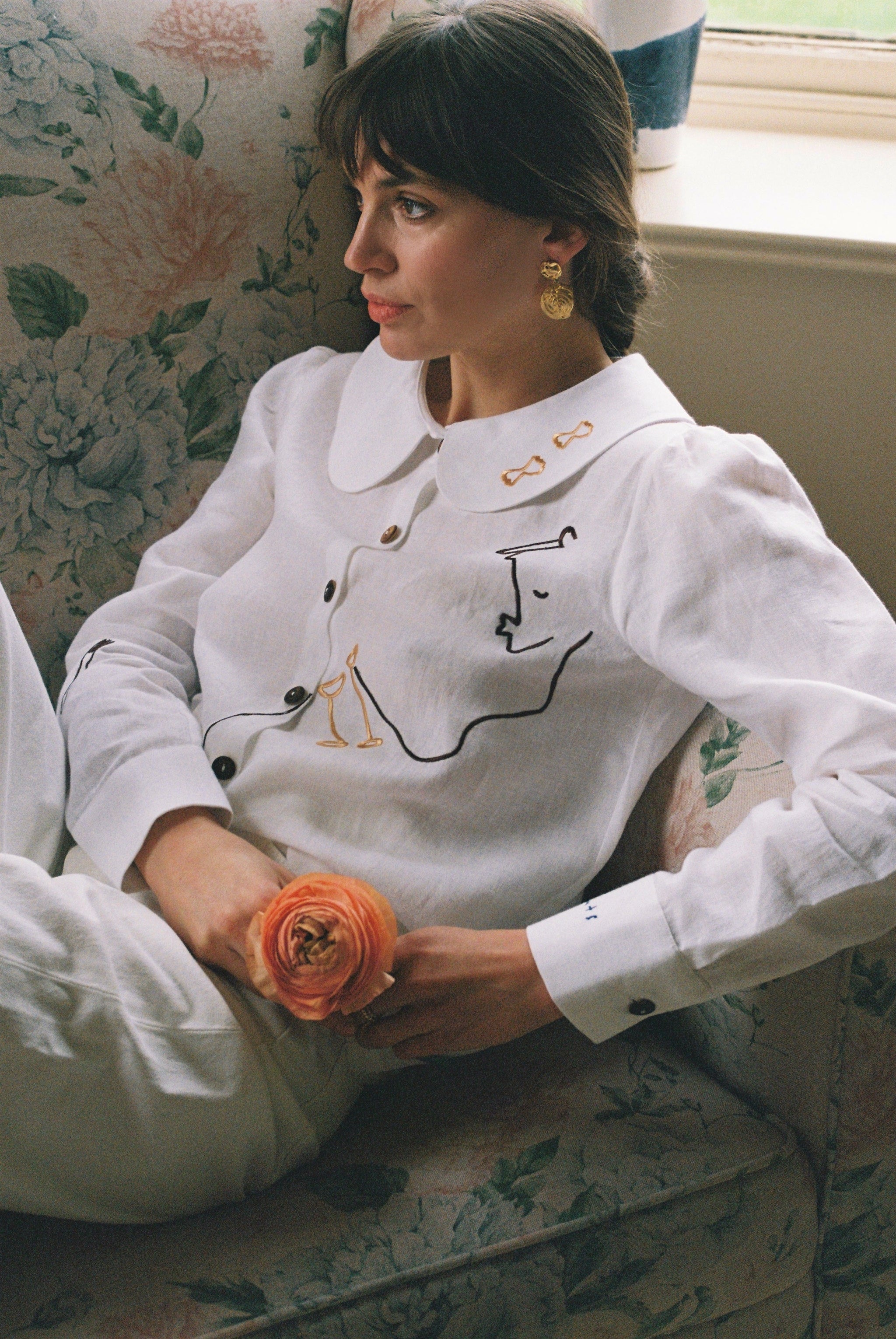 Eat Together Embroidered Claudine Linen Blouse - White  x Sshepaints