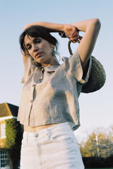 Frances Linen Cropped Blouse  - Fawn Gingham