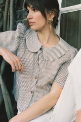Frances Linen Cropped Blouse  - Fawn Gingham
