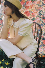 Frances Linen Cropped Blouse with Embroidered Trims - Natural