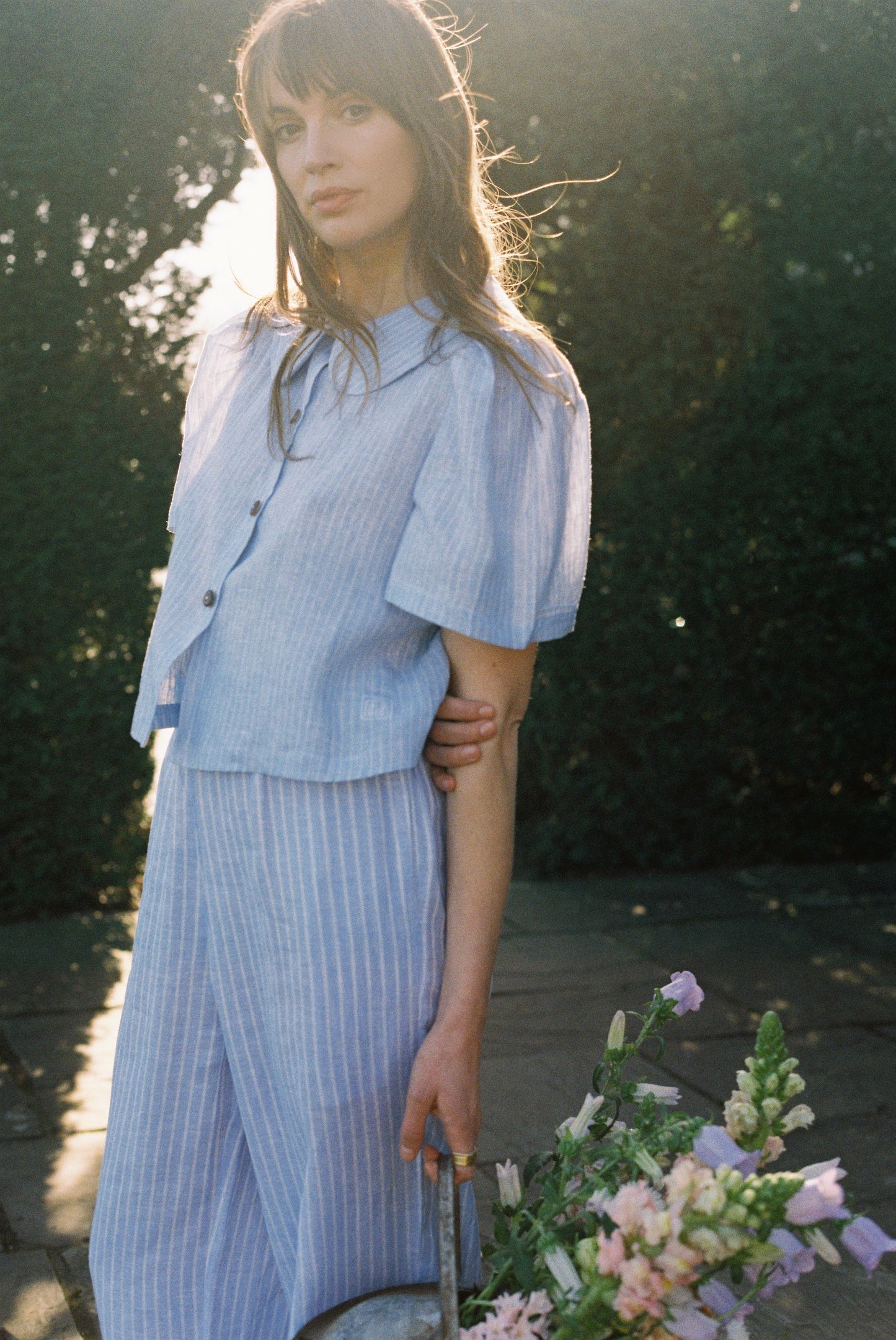 Frances Linen Cropped Blouse  - Sky Blue Stripe