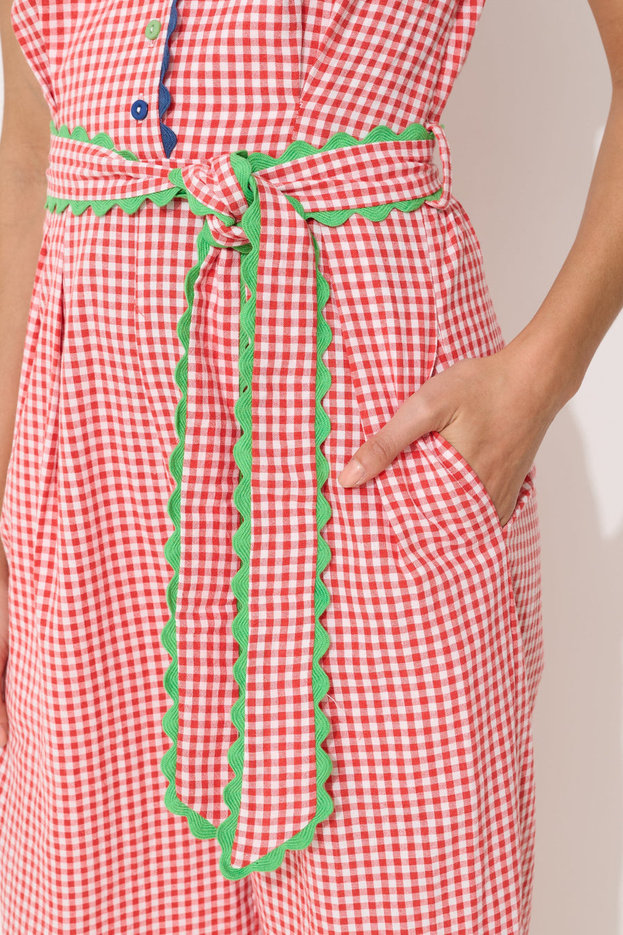 Marleen Gingham Ric Rac Trim Cropped Jumpsuit - Red
