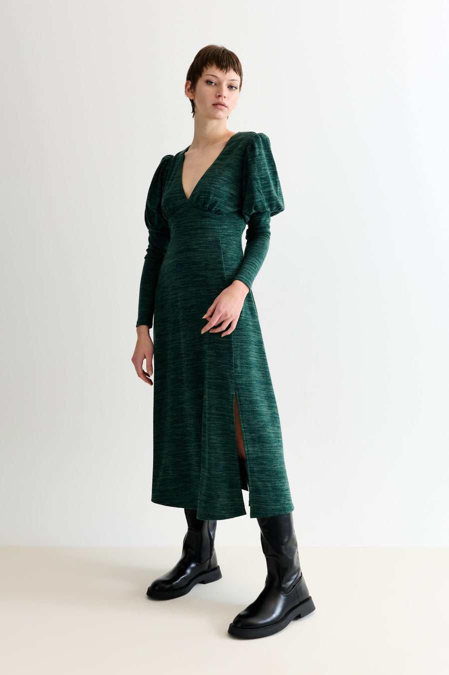 Moa Sustainable Marl Puff Sleeve V Neck Midi Dress - Green