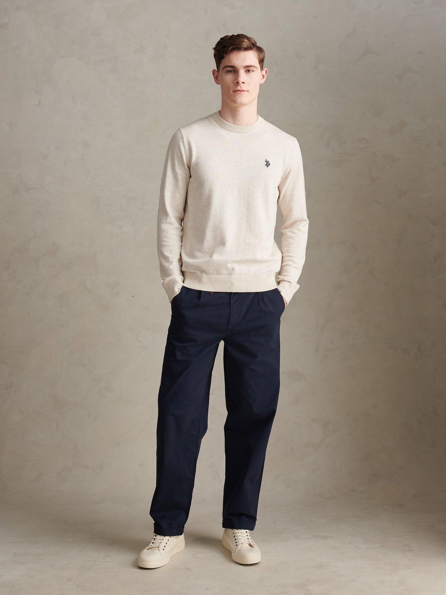 Mens Double Horsemen Cotton Knit Crew Jumper Birch Marl