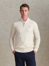 Mens Large Check Knit Quarter Zip Funnel Jumper Whisper White